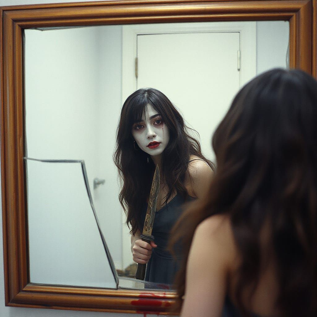 VHS-Glitched Doll Spirit in Broken Mirror