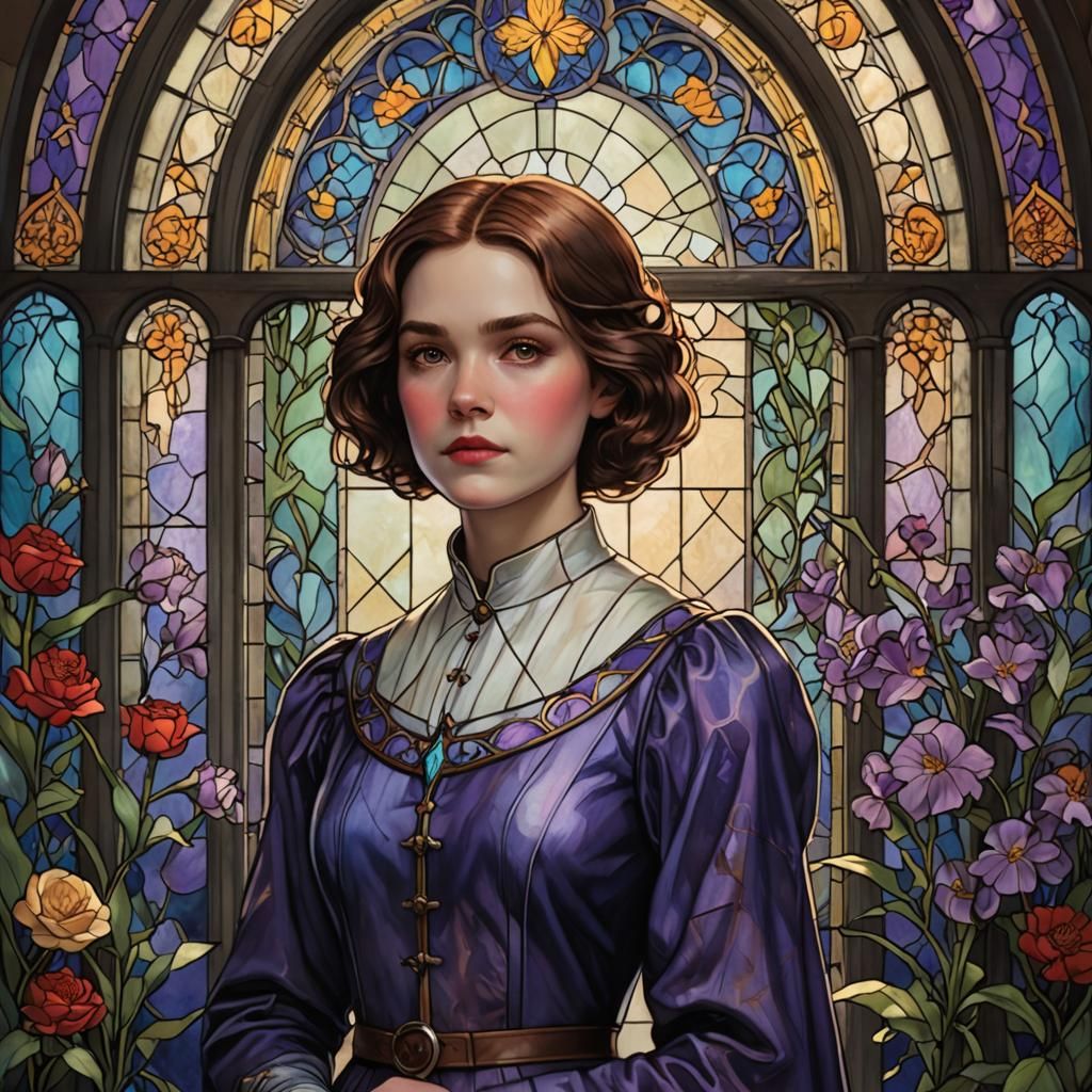 Woman Before Stained Glass in Art Nouveau Style