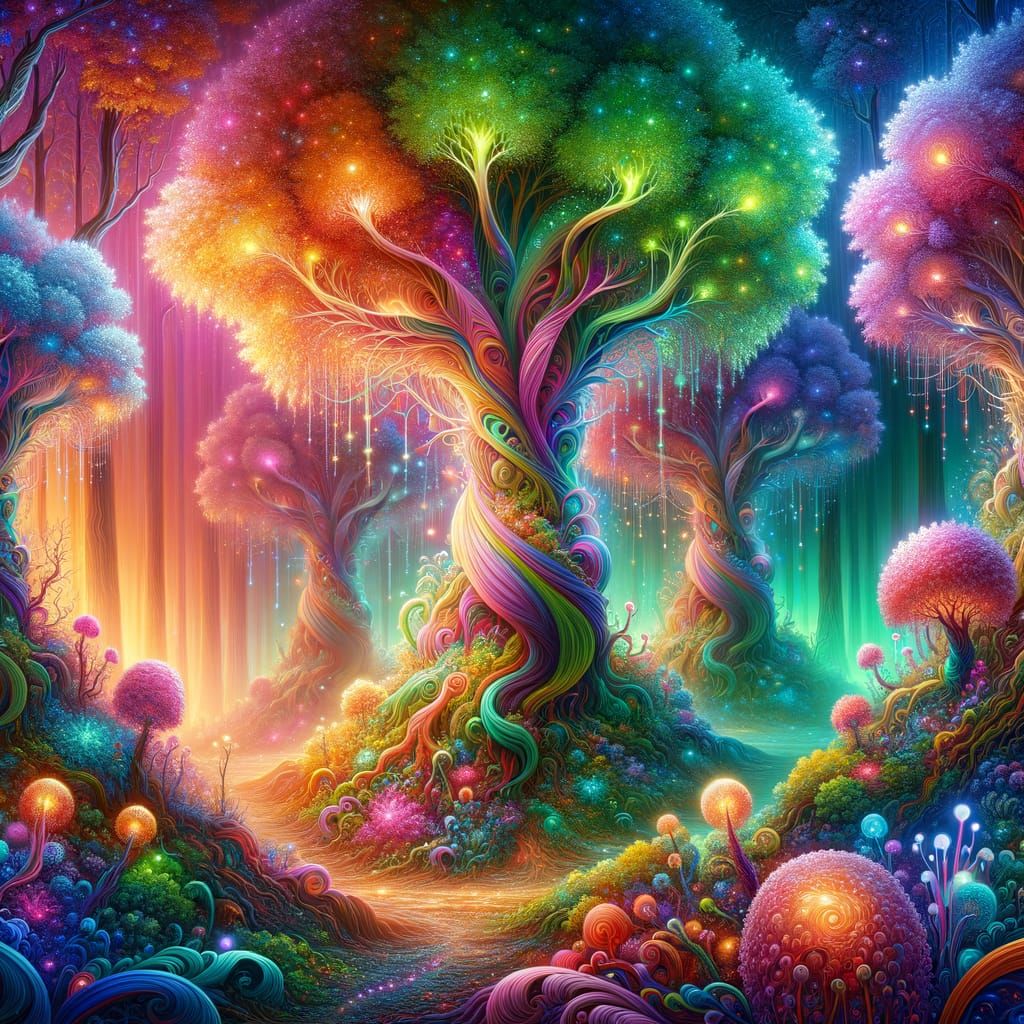 Fantastical Forest Digital Painting with Rainbow Foliage