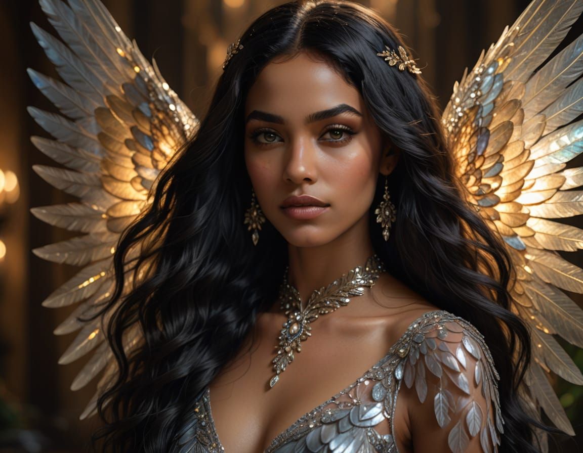 Dominican Woman with Iridescent Wings: Hyper-Realistic Digit...