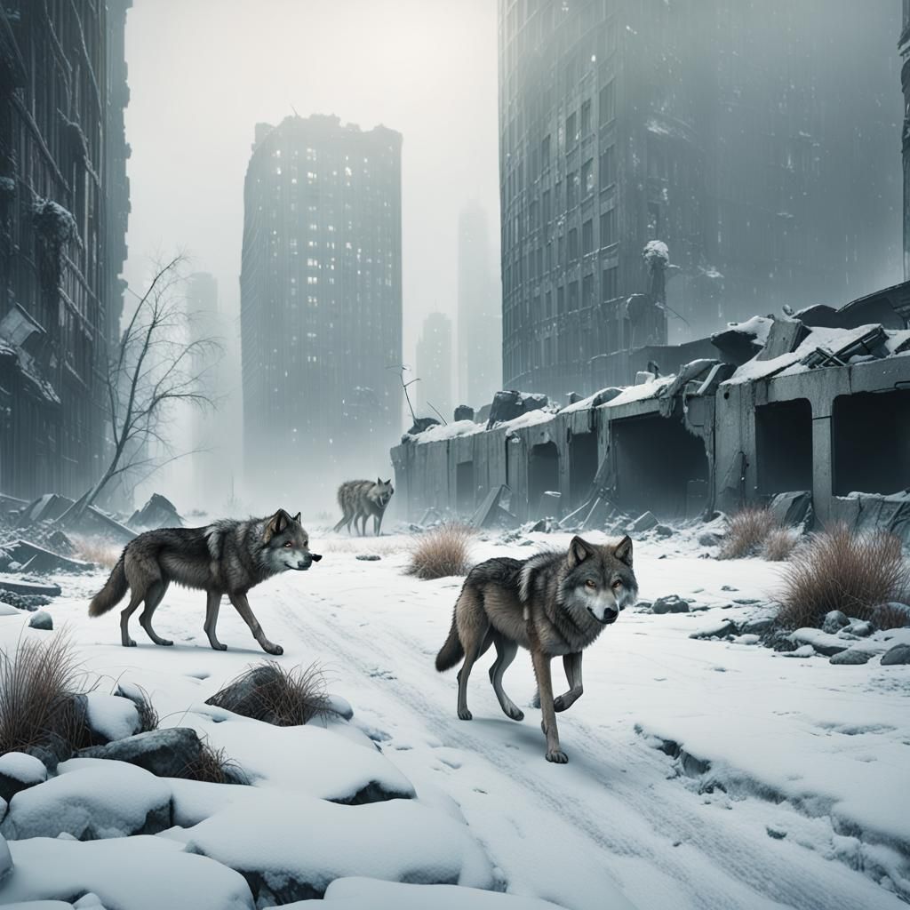 Winter Wolves Roam a Frozen Post-Apocalyptic Cityscape