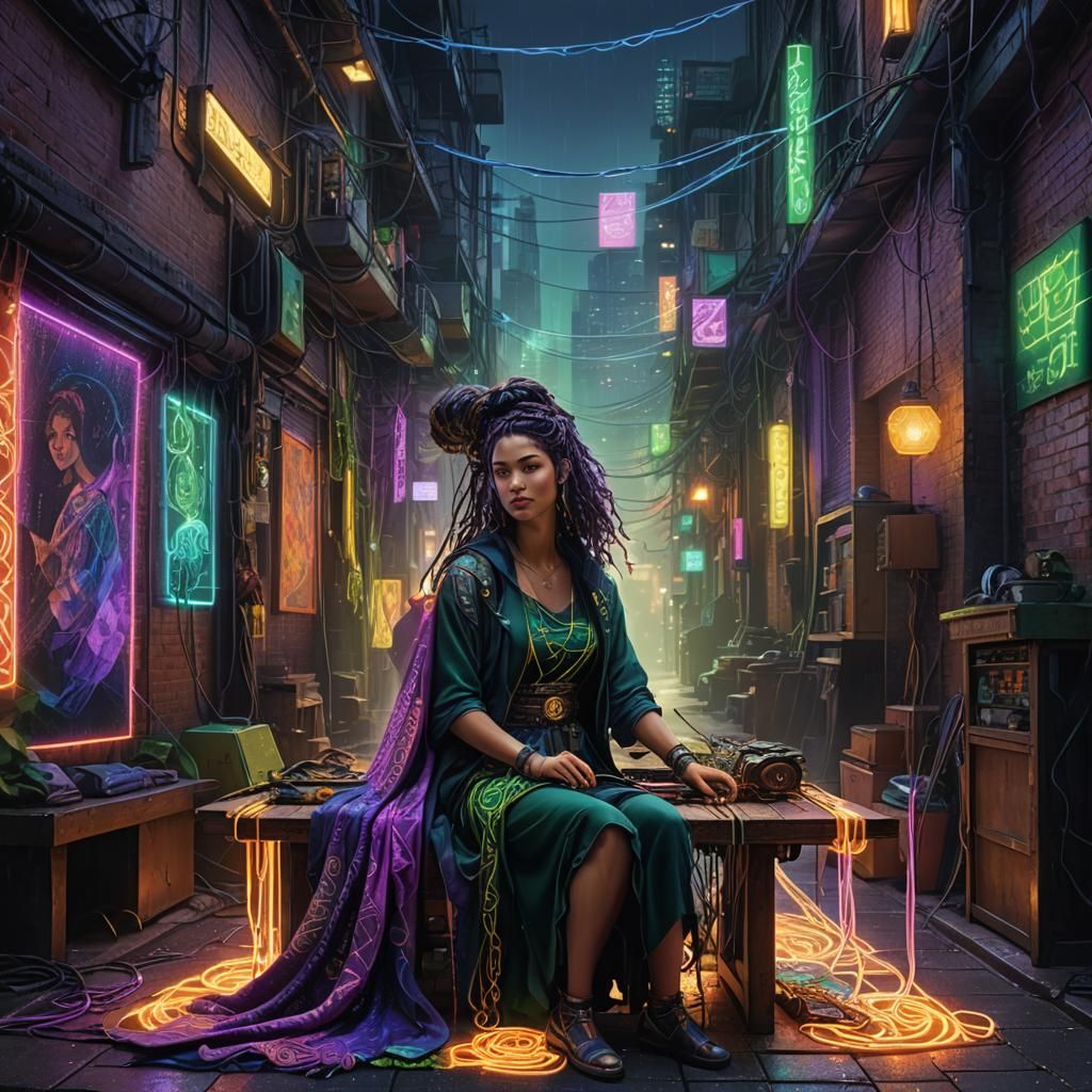Olympian Goddess Weaving in Cyberpunk Alleyway