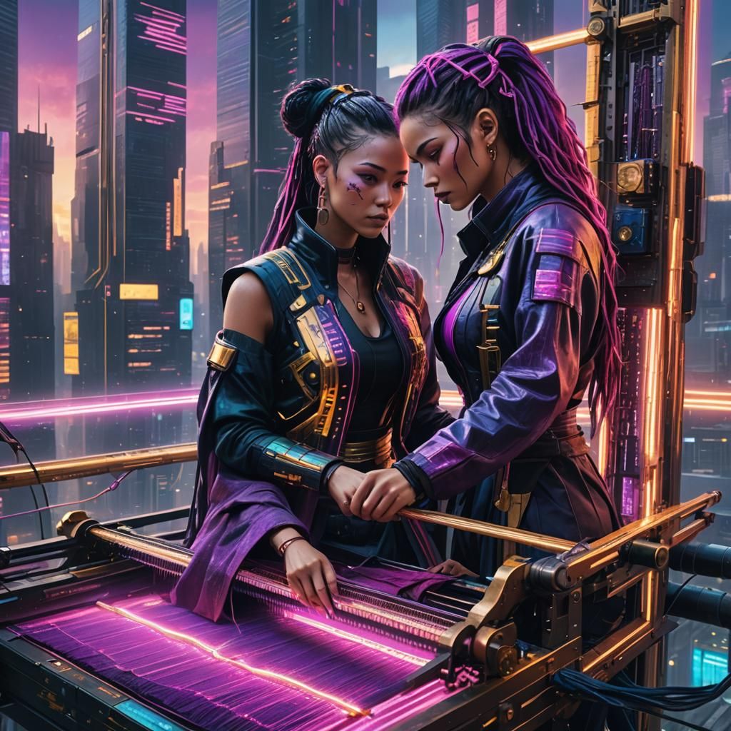 Cyberpunk Goddess Weaving in Futuristic Cityscape