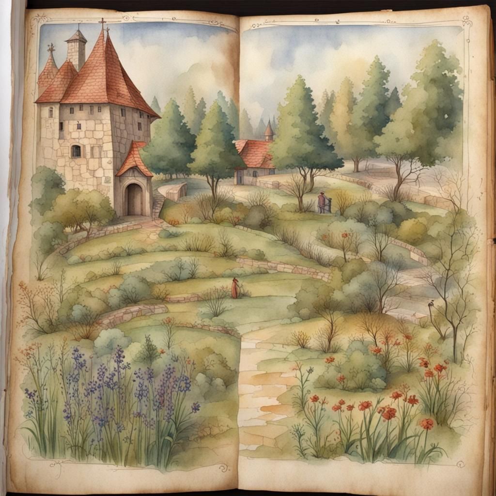 Medieval Monk's Garden on Vintage Parchment