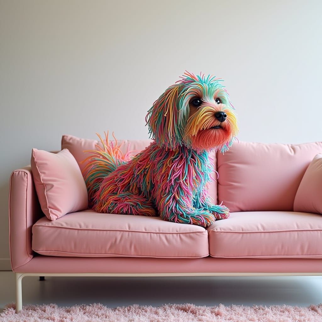 Silly String Havanese Dog on Modern Couch
