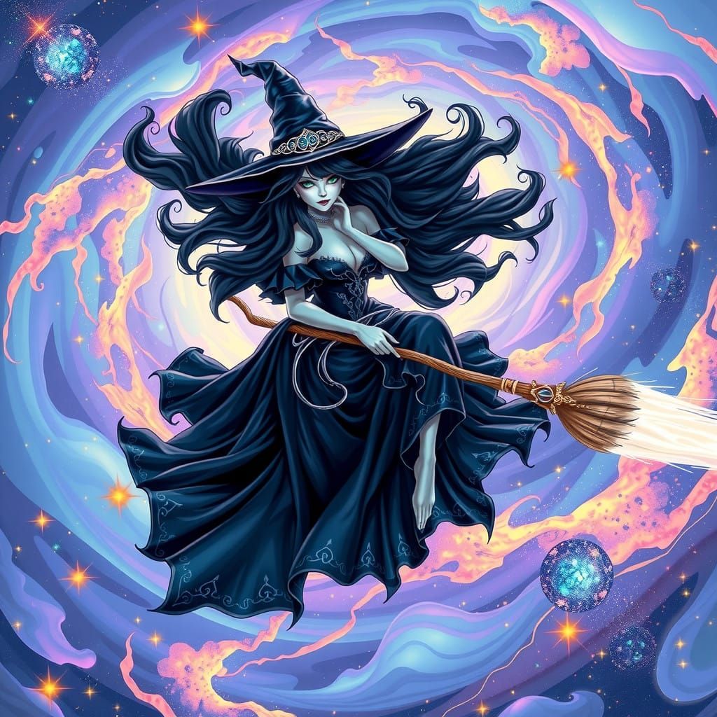 Majestic Witch Soars on Electric Broom in Cosmic Dreamscape