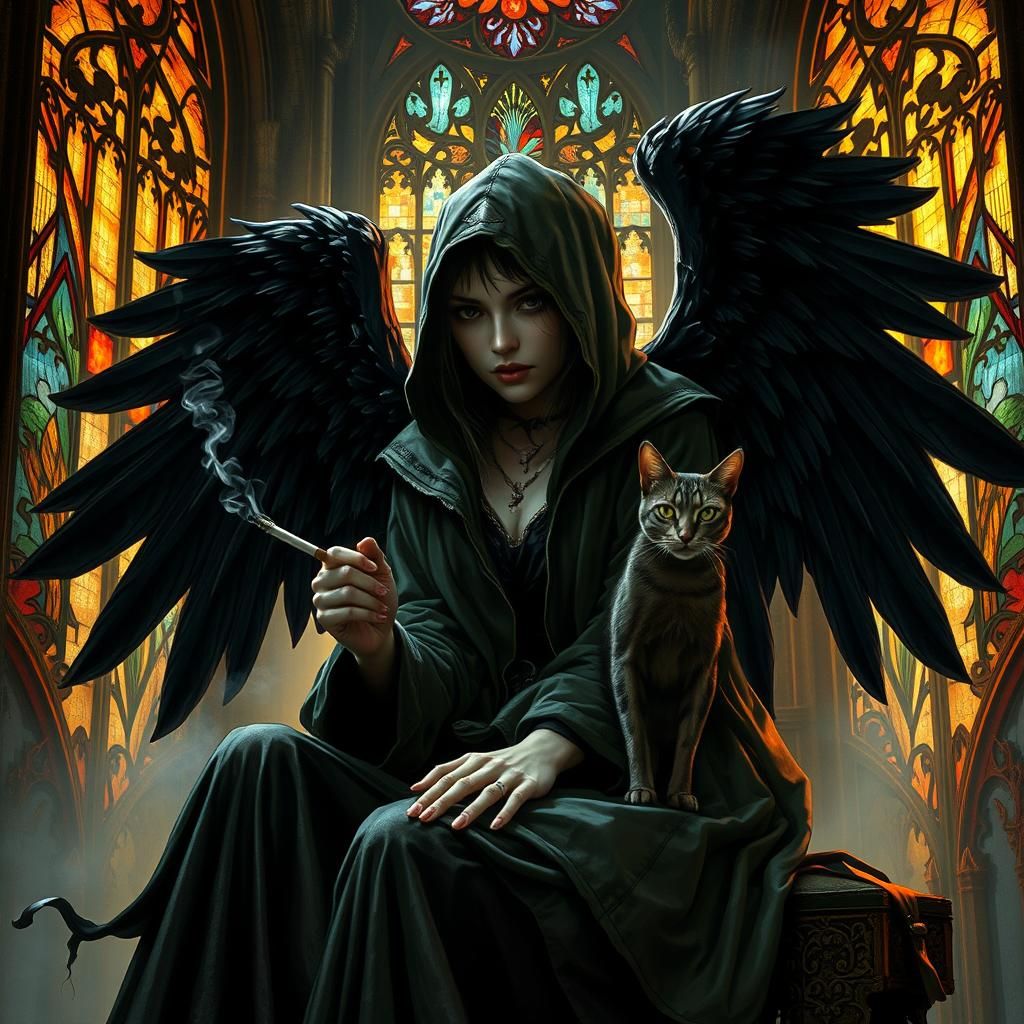 Art Deco Angel with Black Wings in Cathedral