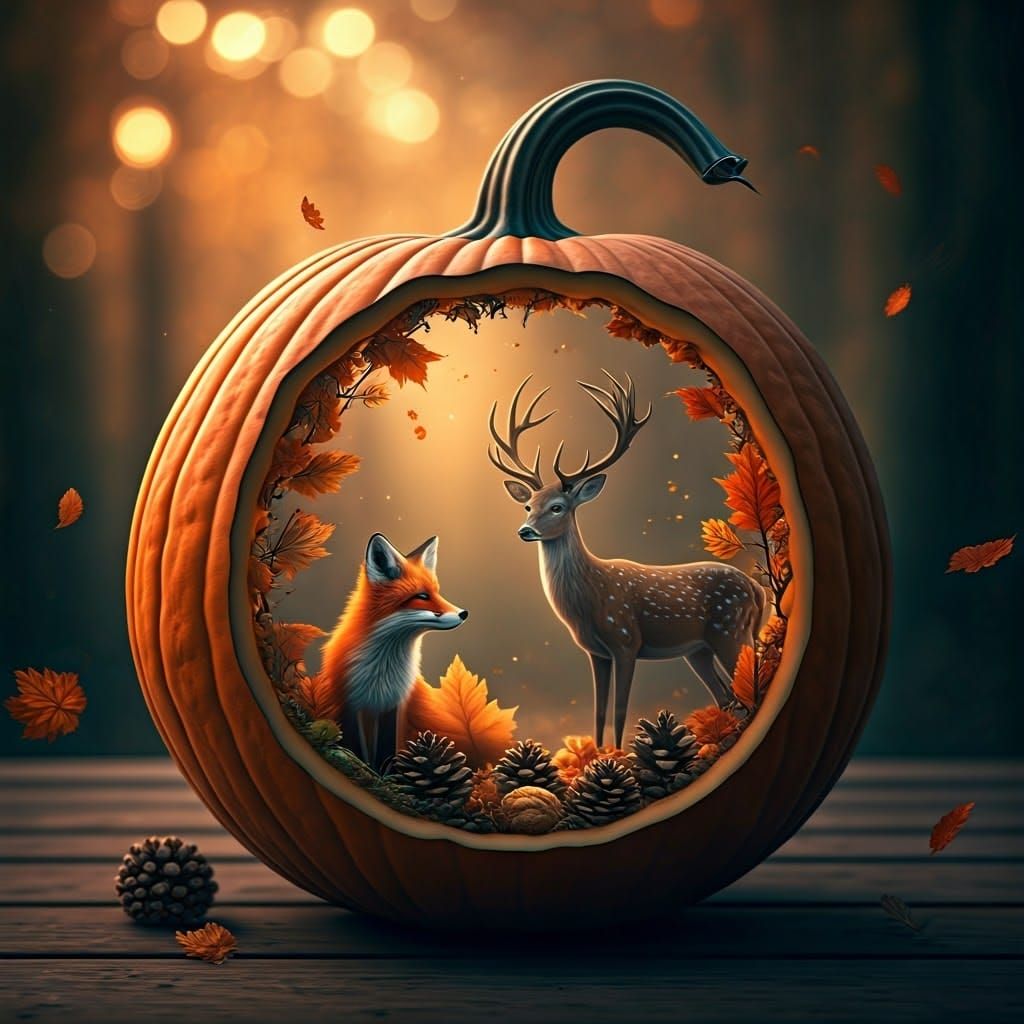 Enchanted Autumn Woodland Scene Inside Gourd