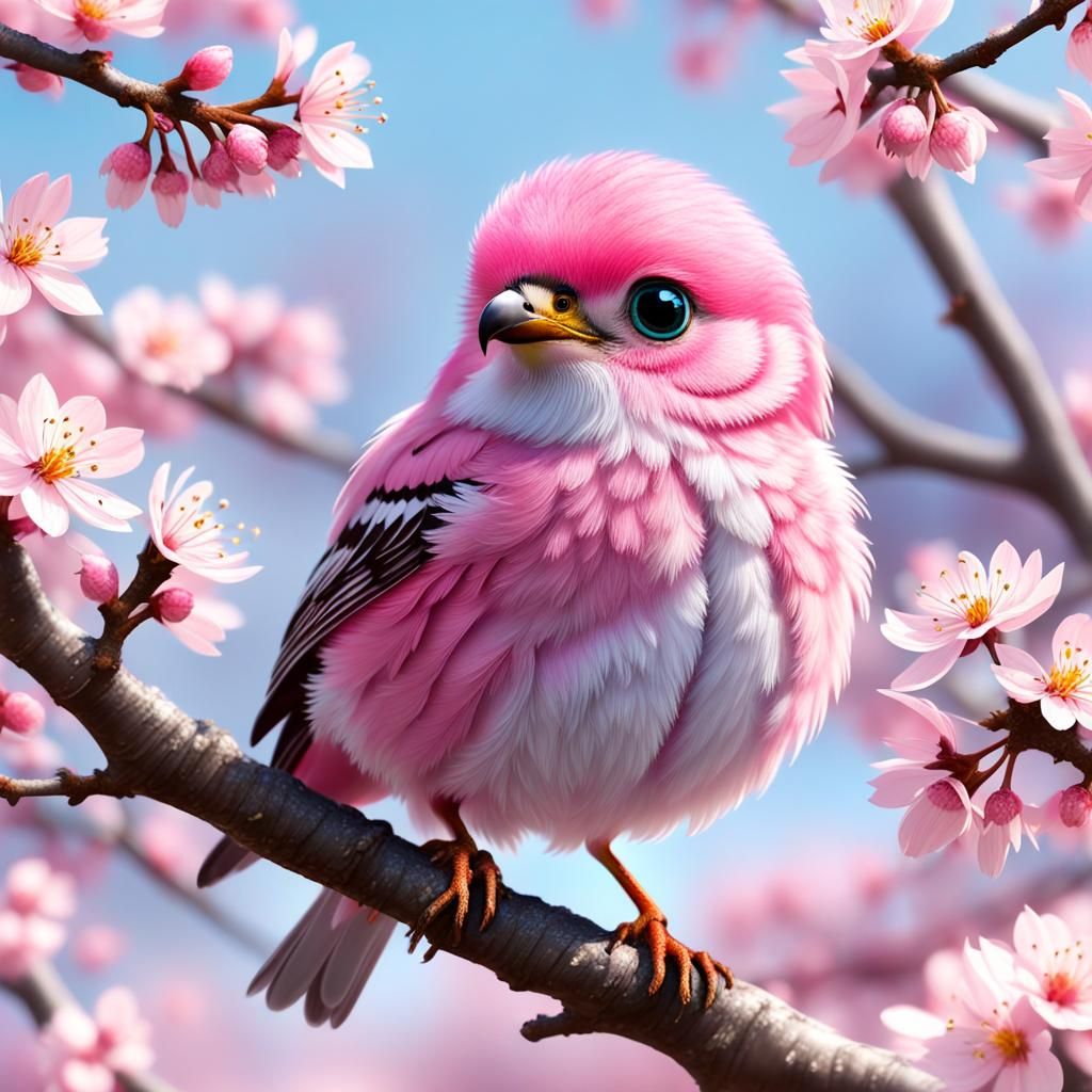 Cute Pink Bird on Sakura Tree in Digital Art