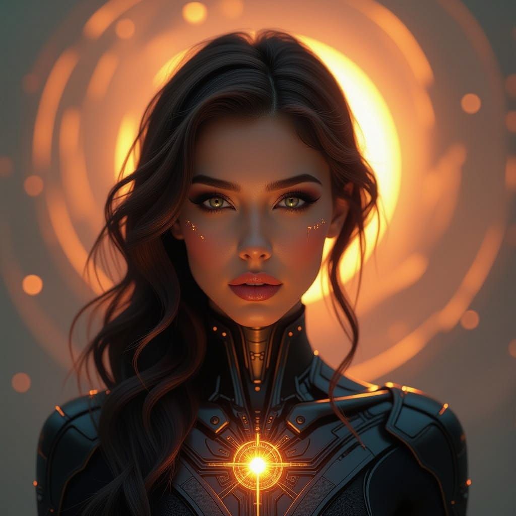 Mystical Half-Human, Half-AI Figure in Cosmic Nebula