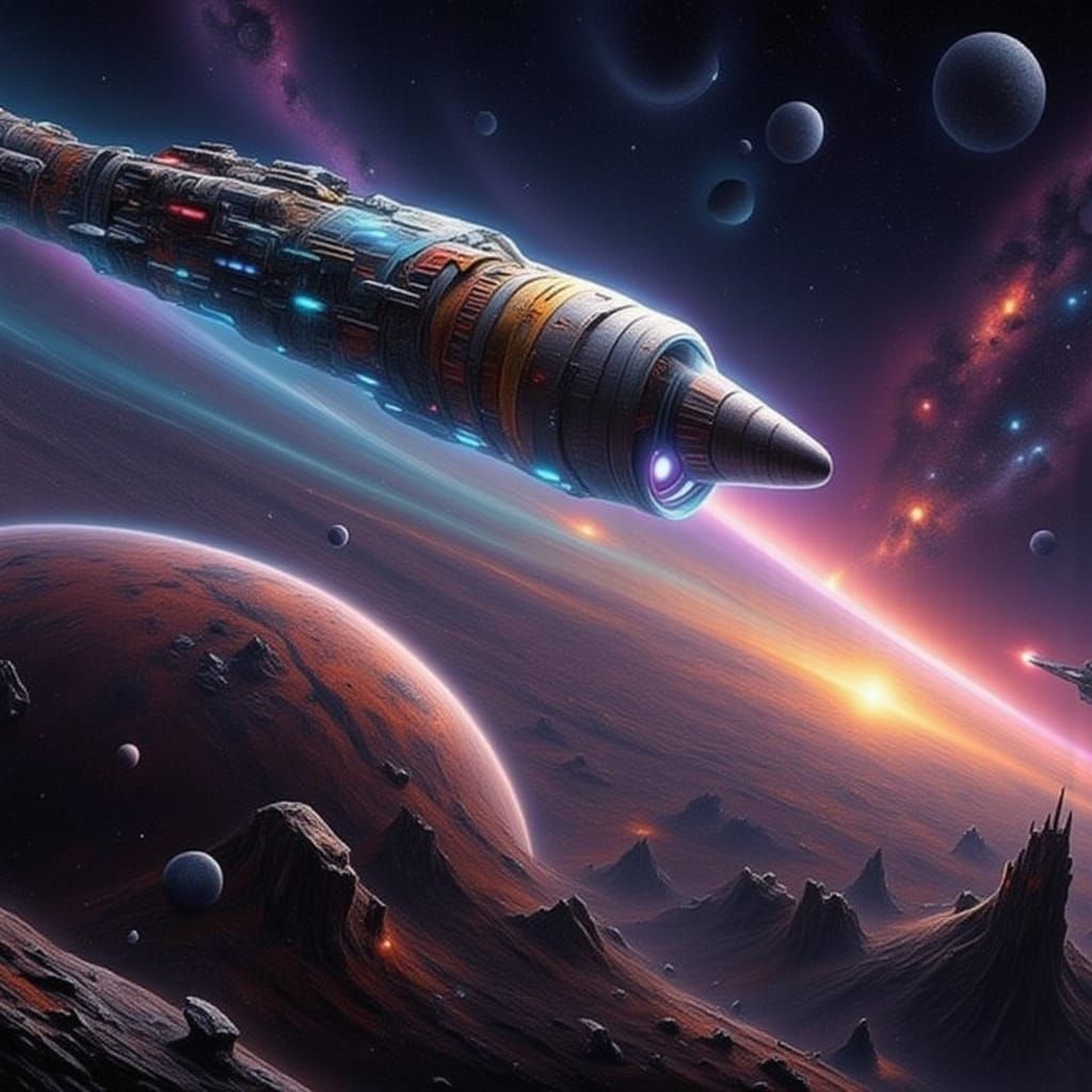 Retro Spacecraft Journey Over Alien Planet