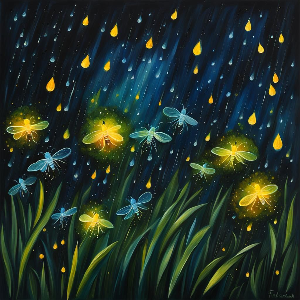 Fireflies in Rainstorm: Colorful Oil Painting
