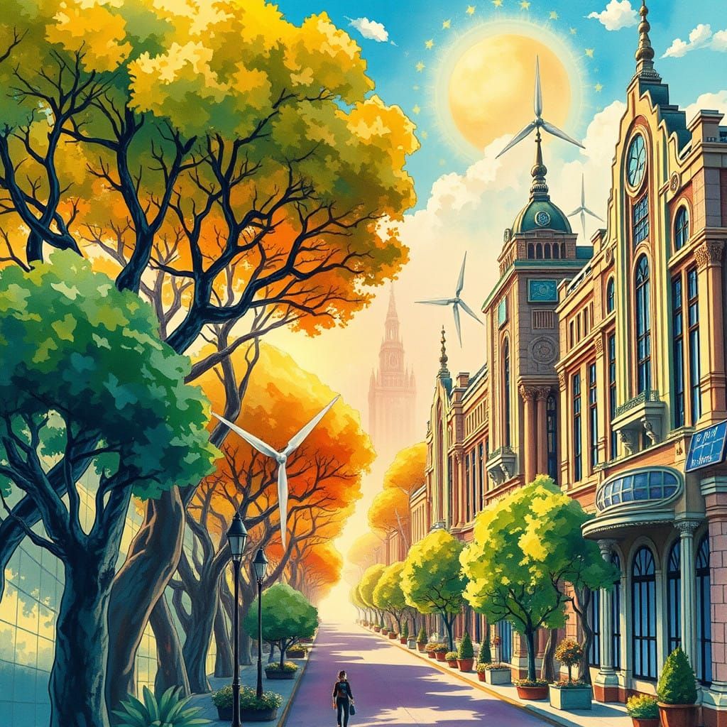 Vibrant Cityscape with Sustainable Architecture in Watercolo...