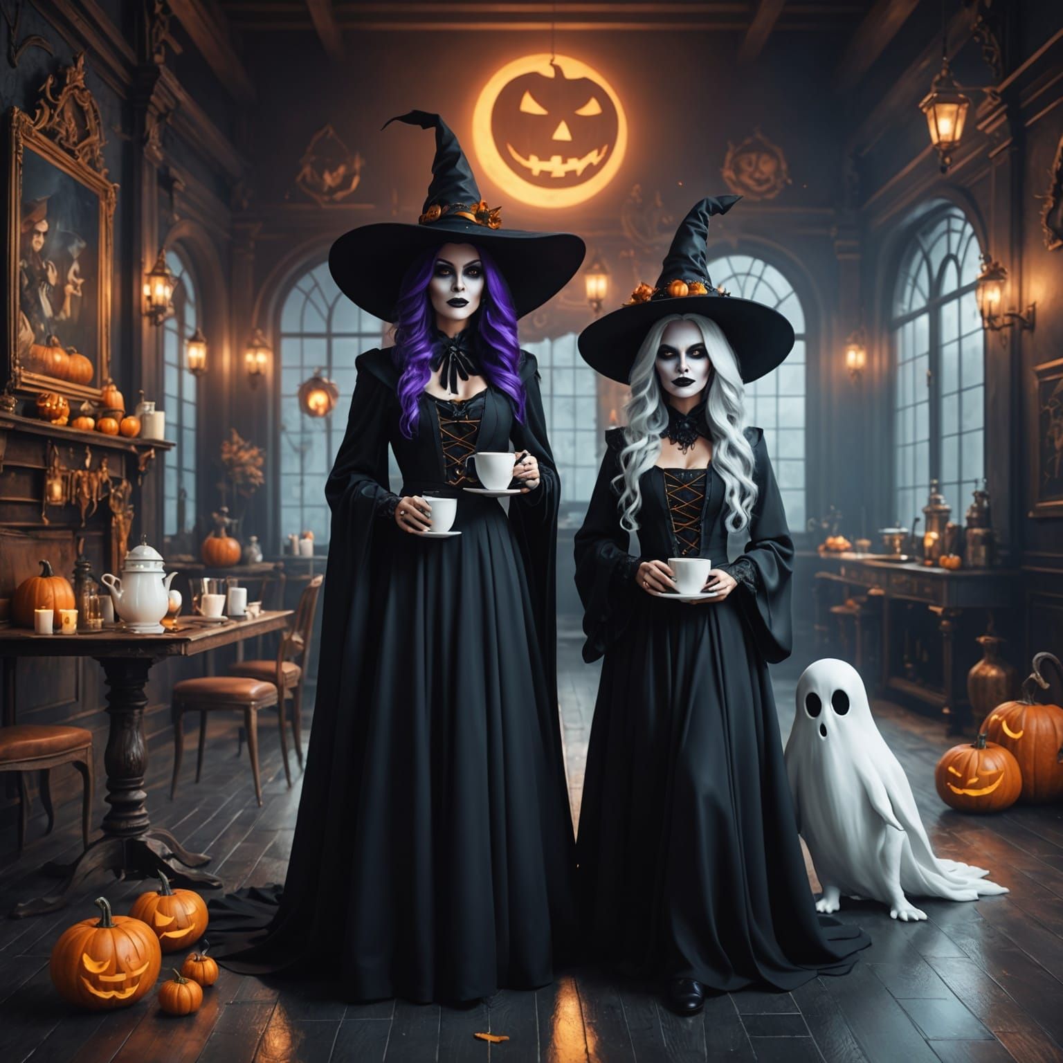 Charming Witches and Ghost Halloween Coffee Logo