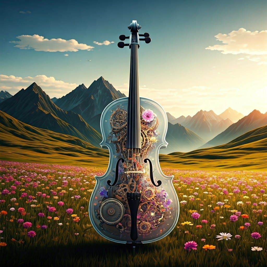 Majestic Steampunk Cello in Vibrant Mountain Landscape