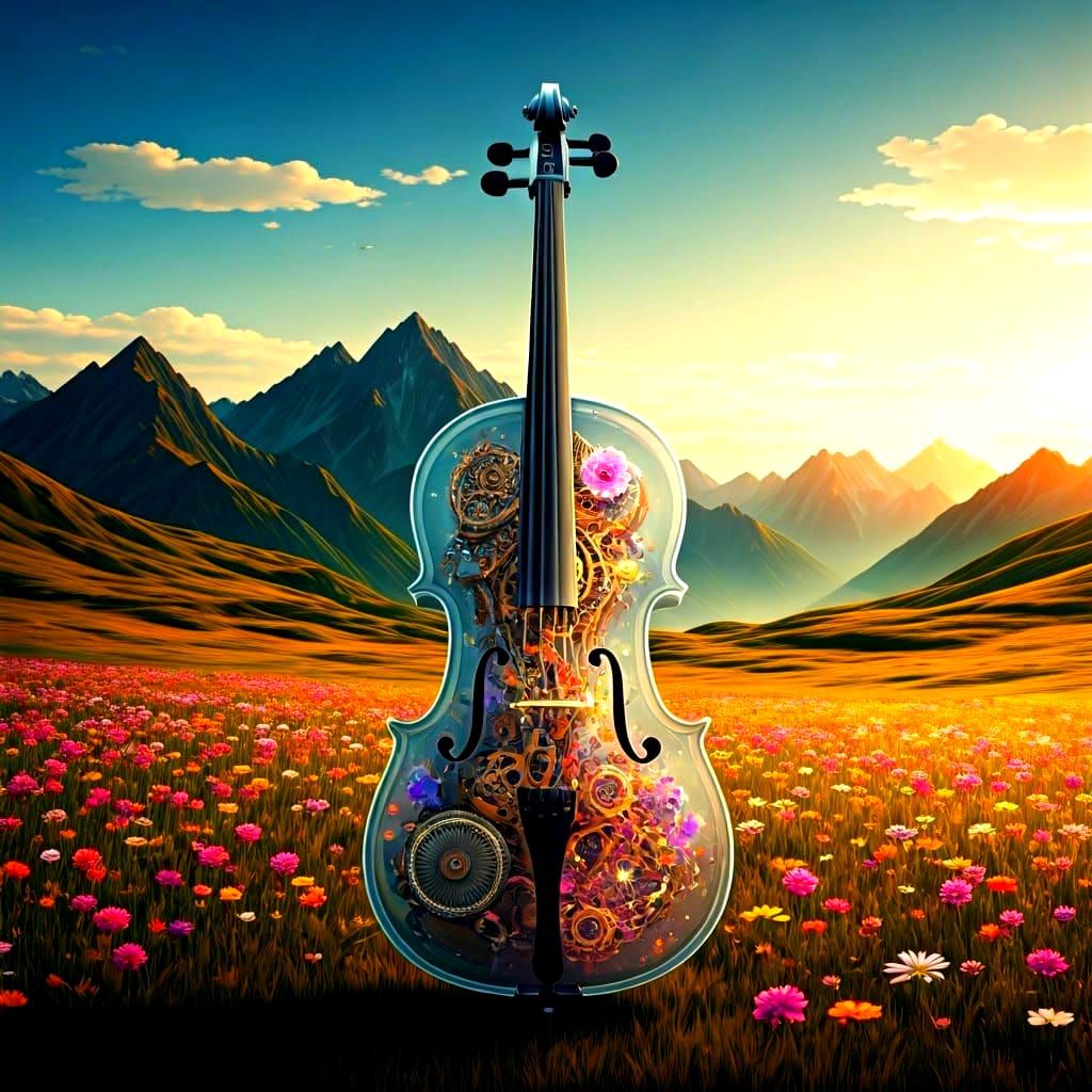 Majestic Steampunk Cello in Vibrant Mountain Landscape
