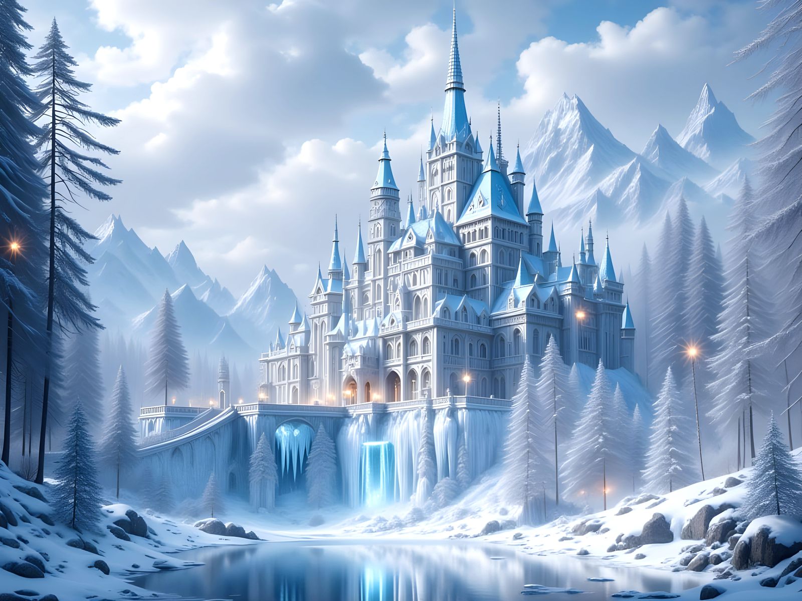 Winter Kingdom Palace with Snow Dragons Standing Guard