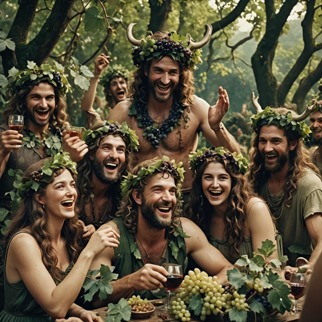 Dionysus with Maenads and Satyrs in a Cinematic Still
