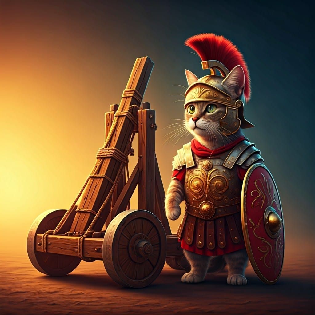 Majestic Cat Warrior Stands Beside Ancient Catapult