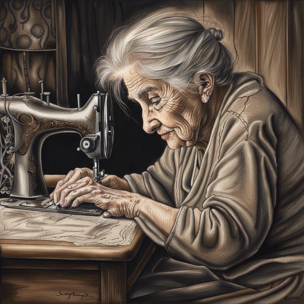 Old Woman's Devotion: A Hyperdetailed Charcoal Sewing Scene