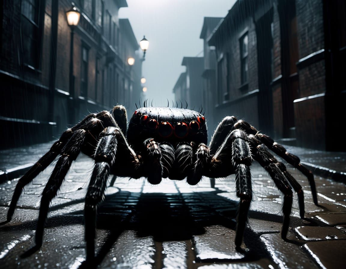 Menacing Spider Dominates Rainy Alleyway in Film Noir Style