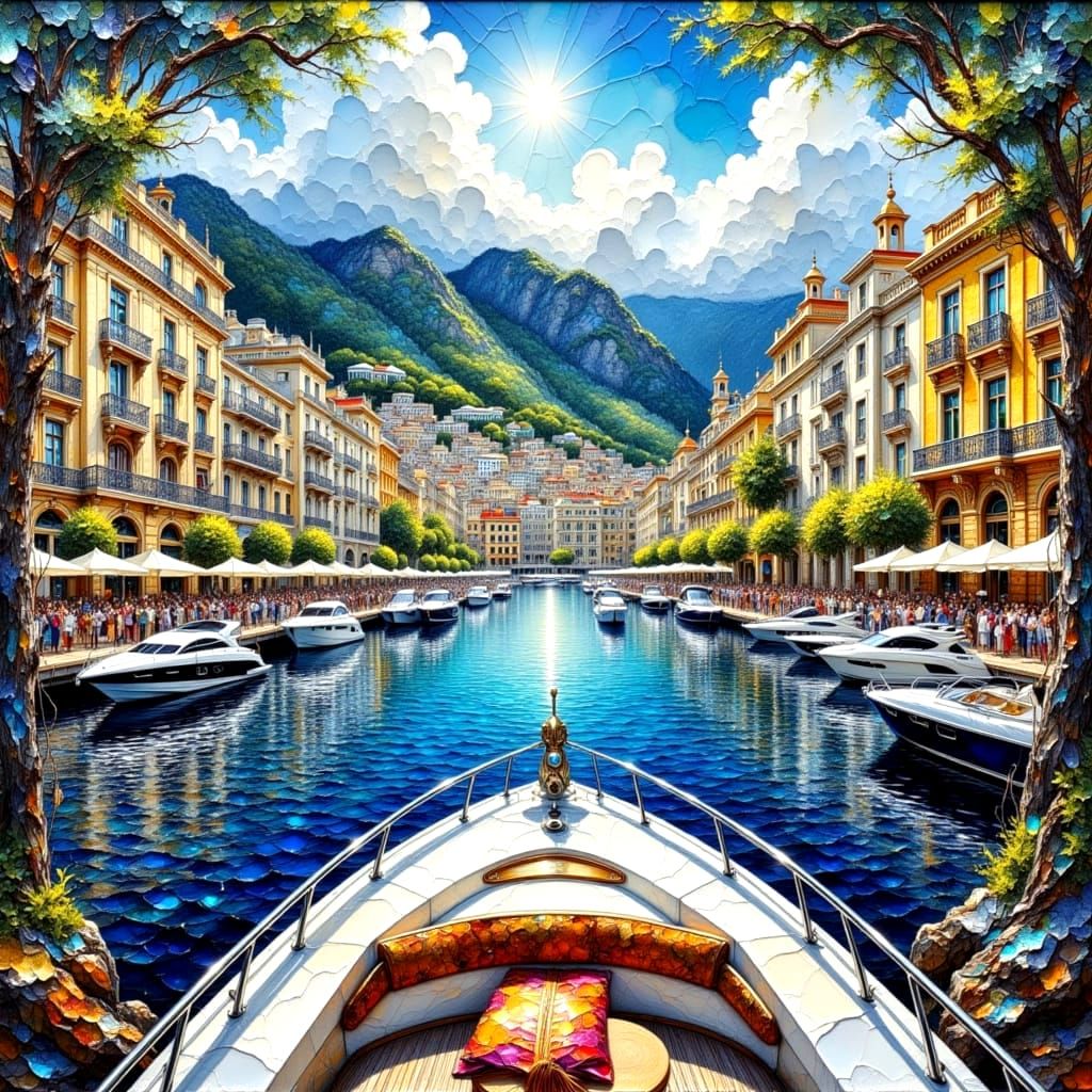 Monte Carlo Harbor in Watercolor Impasto Style