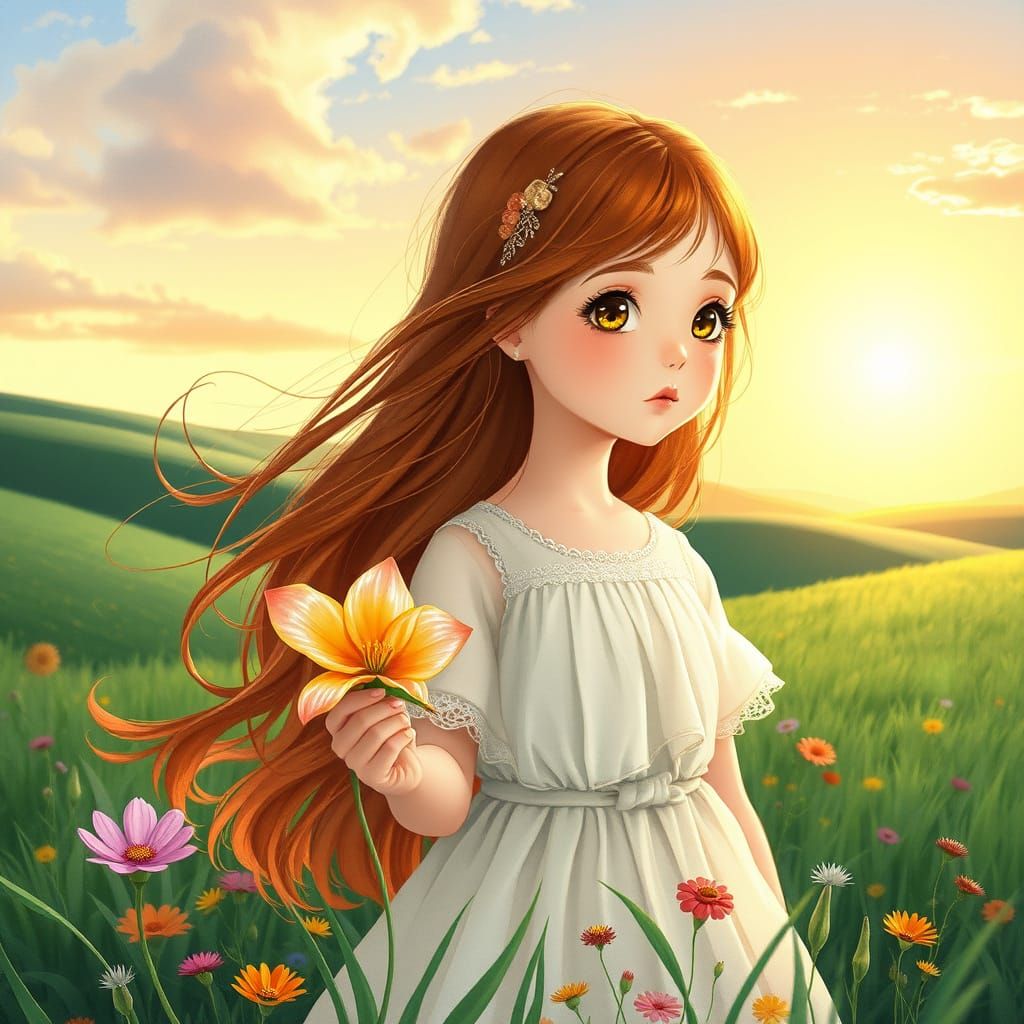 Gentle Maiden in a Sunlit Meadow, Ghibli-Style Anime