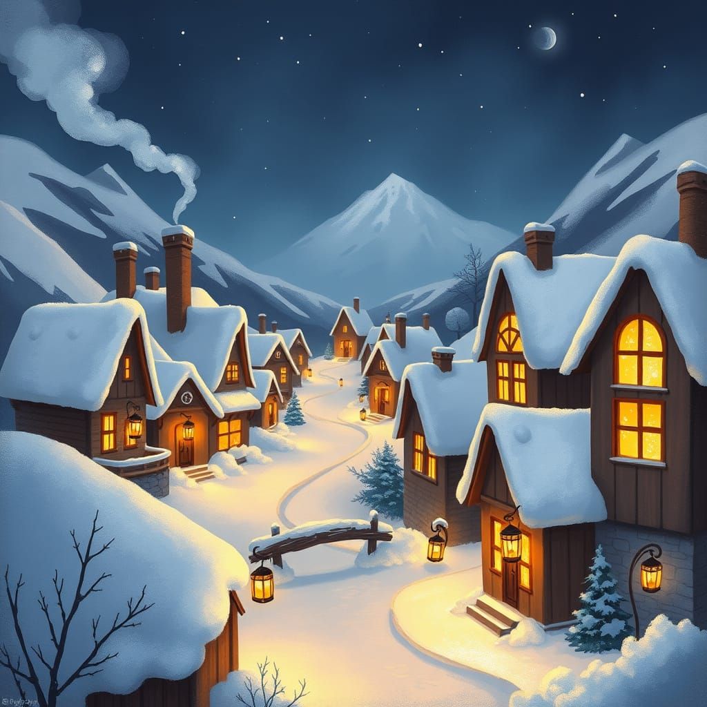 Enchanting Snowy Alpine Village at Night