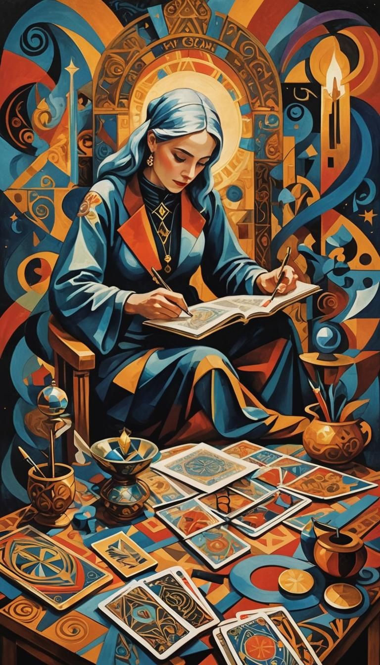Cubist Woman Writes Calligraphy with Tarot Symbols