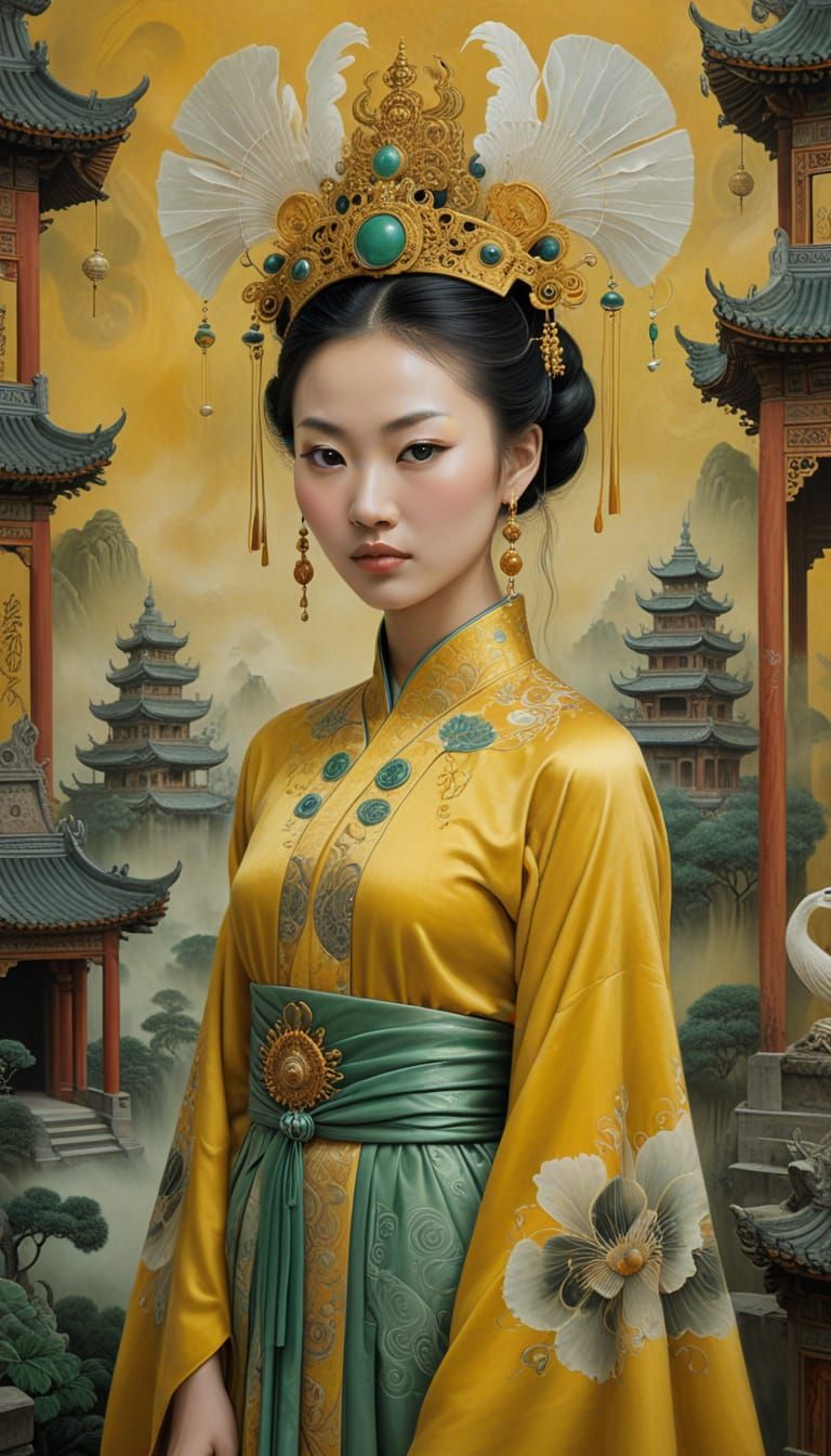 Surreal Chinese Woman in Icon Panorama, Oil Painting Style