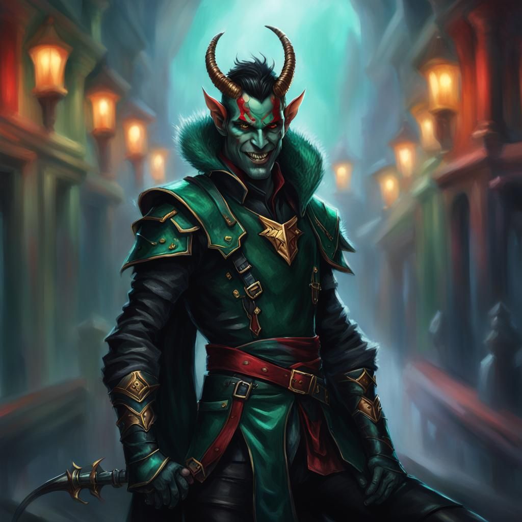 Tiefling Rogue Portrait in Emerald and Crimson