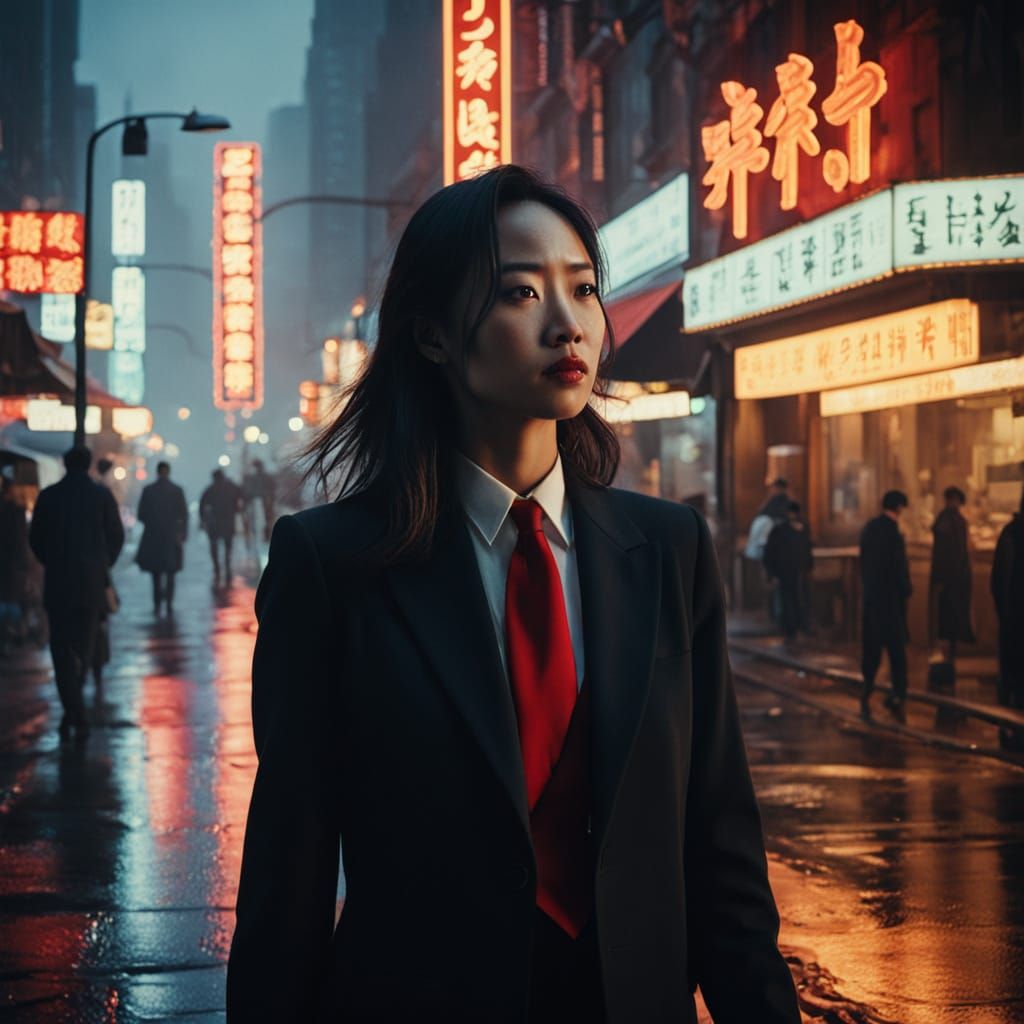 Film Noir: Woman in Black Suit in Rainy City