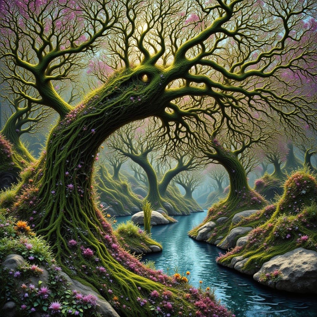 Dual Nature Tree: Spring Bloom Meets Autumn Ink