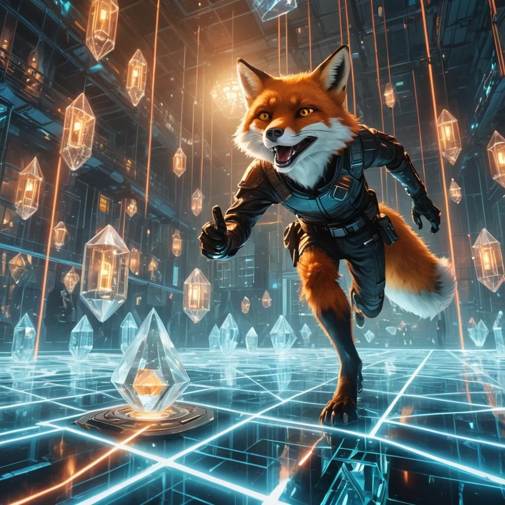 Cyberpunk Fox Thief Navigating Crystal Museum Security