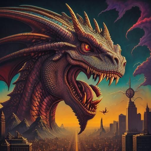Surreal Dragon Head in Cityscape: Psychedelic Album Art