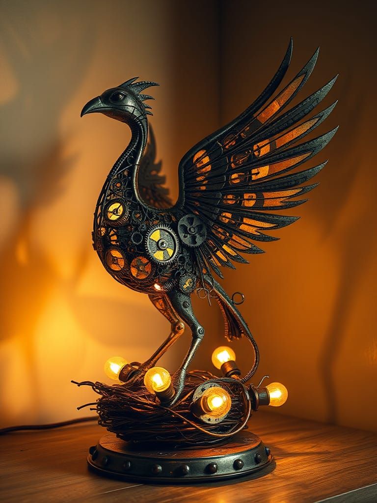 Steampunk Scrap Metal Phoenix Lamp on Lightbulb Nest