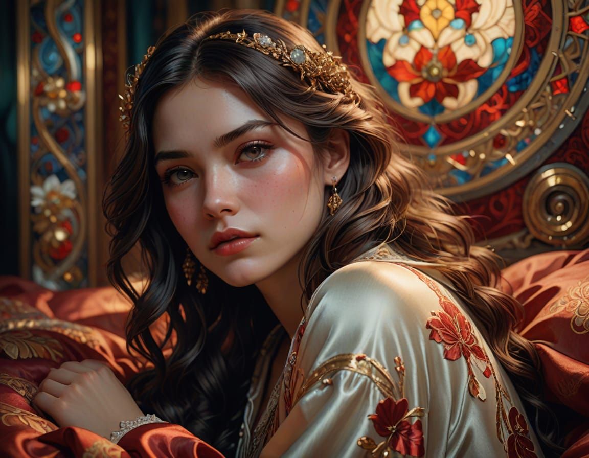 Woman in Silk Nightwear: Art Nouveau Portrait