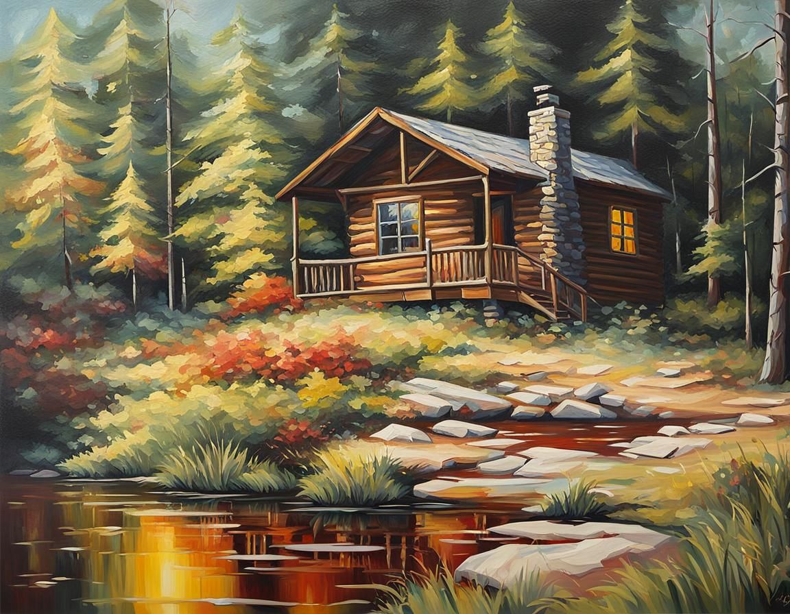 Vivid Oil Painting of Cabin in Woods