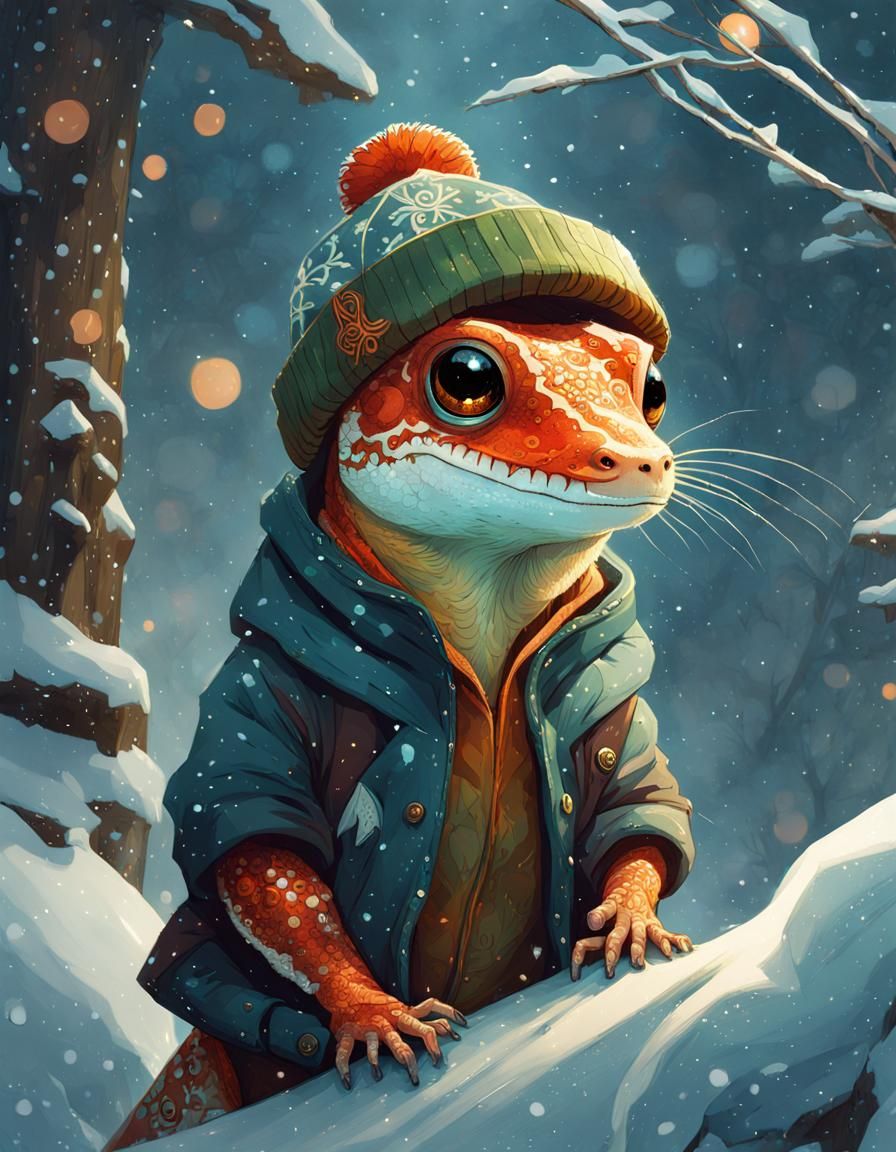Gecko in Beanie Winter Scene Digital Painting