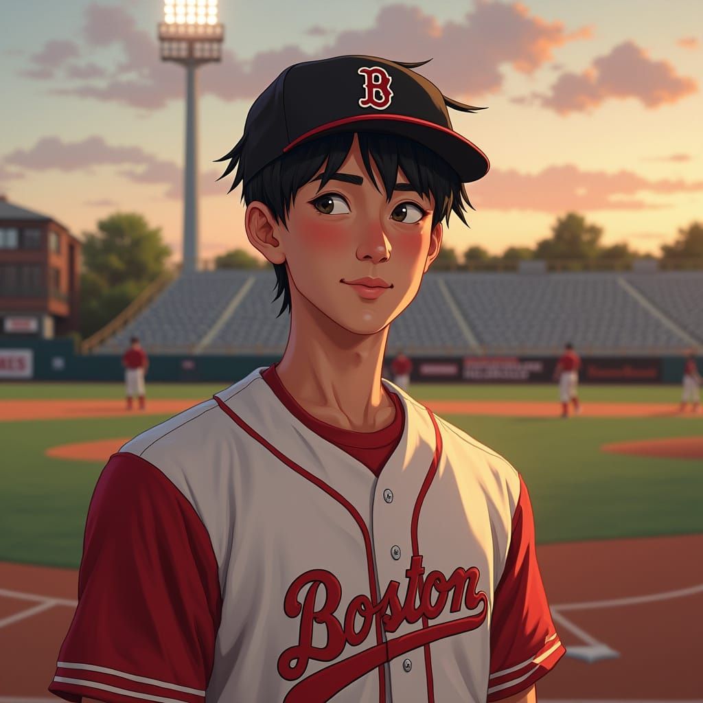 Asian Baseball Player in Hyperrealistic Dusk Portrait