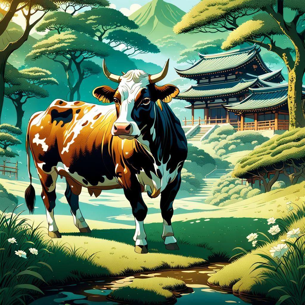Manga Cow in Japanese Landscape, Cel-Shaded Style