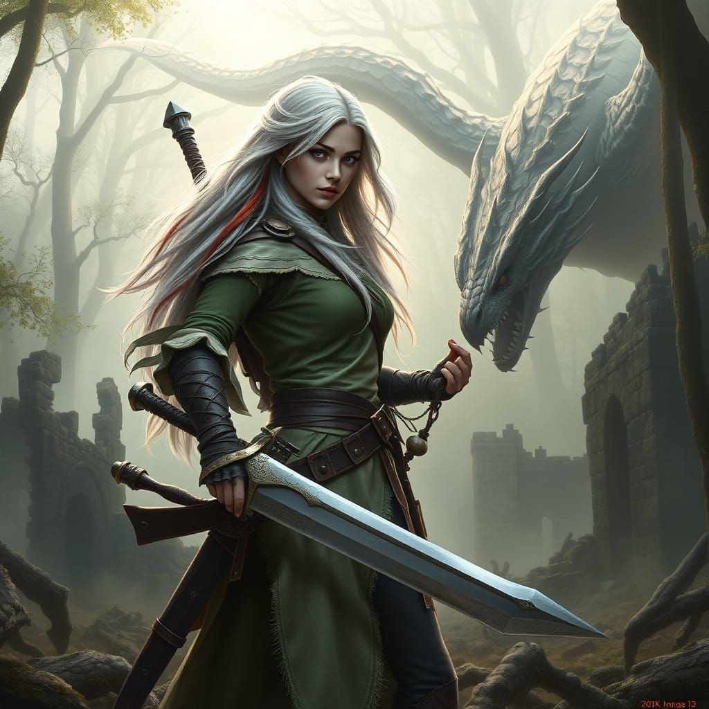 Ethereal Ranger Fights Undead Dragon in Mystical Forest
