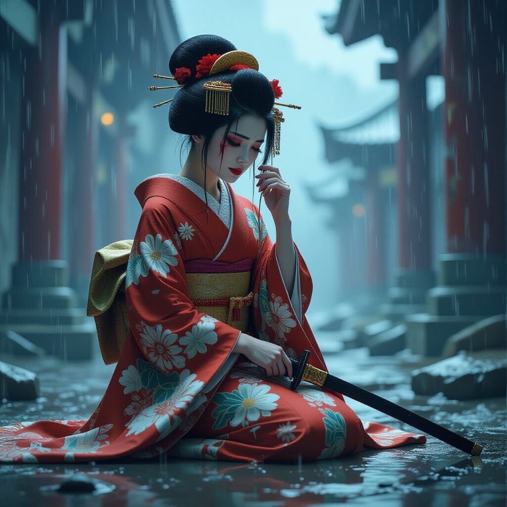 Geisha's Lament: Art Nouveau Tears in the Rain