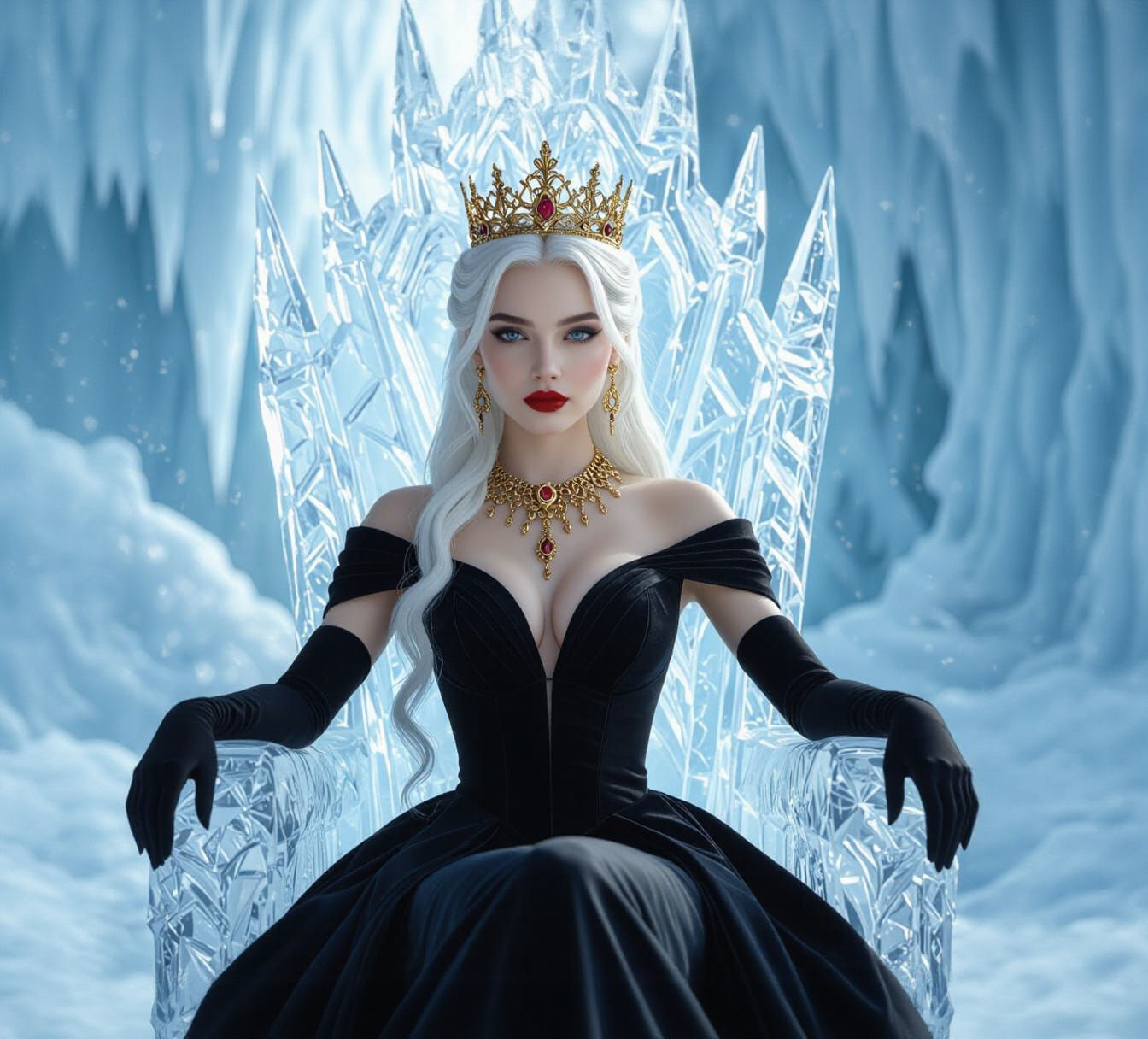 Beautiful Ice Queen on Throne: Hyperrealistic Art