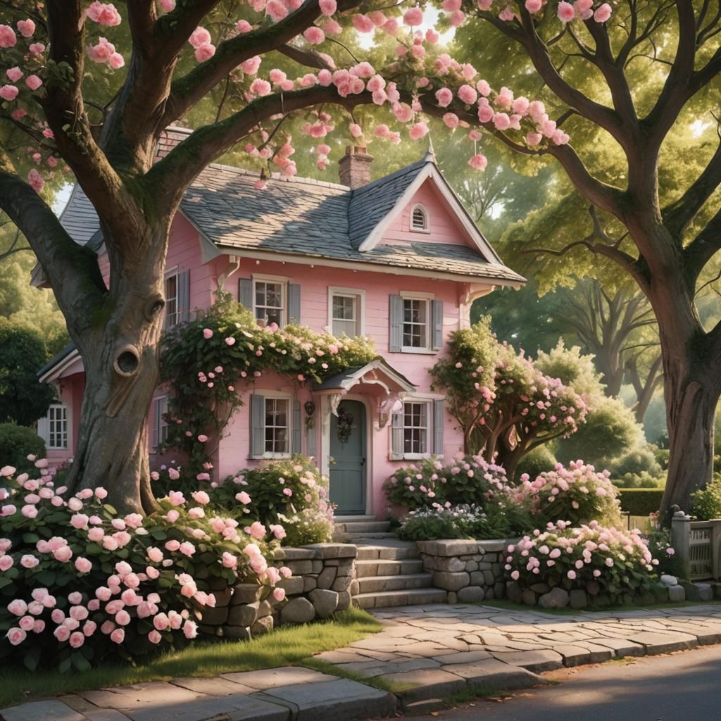 Pink Cottage with Tire Swing: Hyper-Realistic Photography