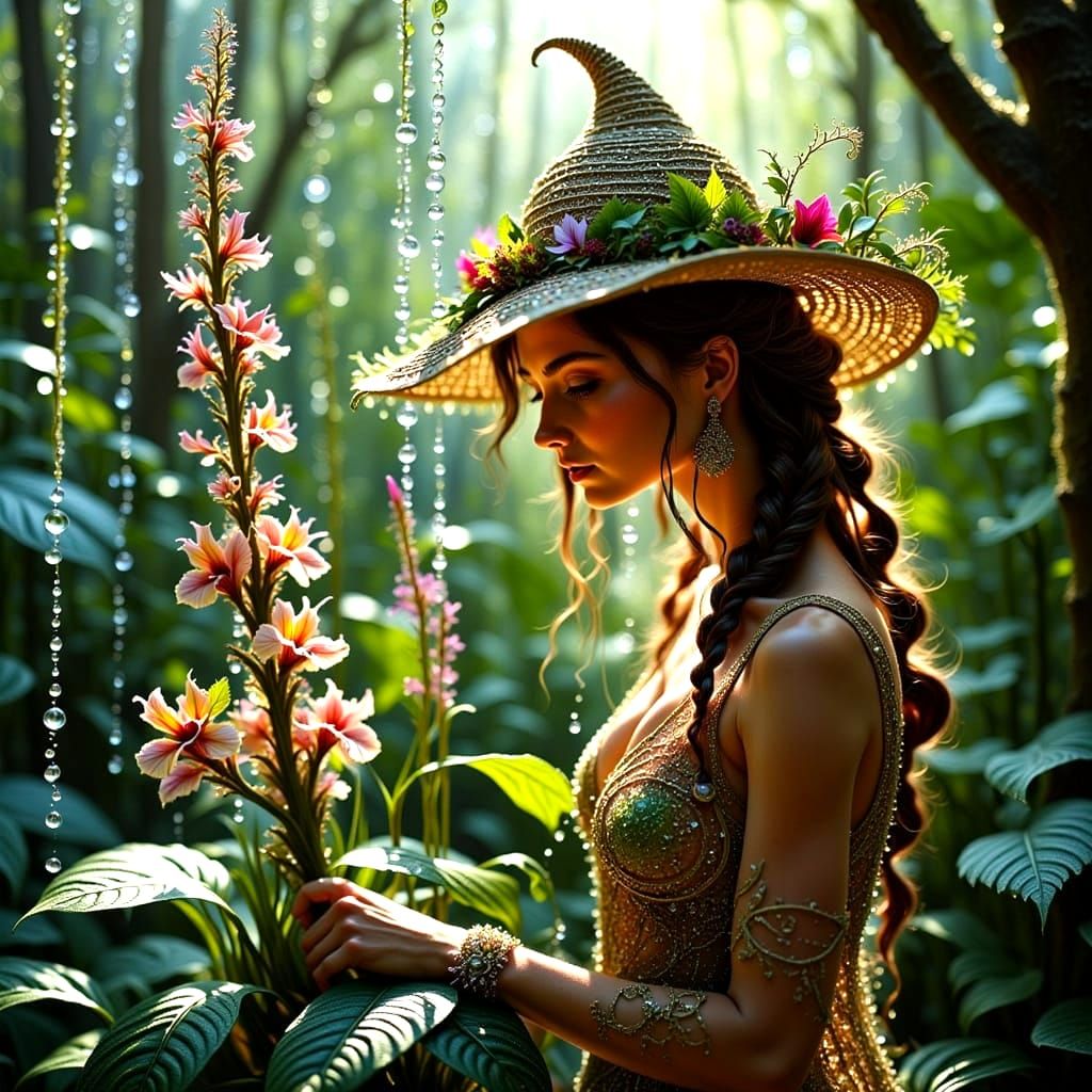 Mystical Nymph Watering Magical Plants with Backlit Dewdrops