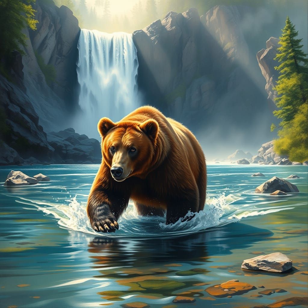 Majestic Brown Bear Wades Through Crystal-Clear River in Ser...