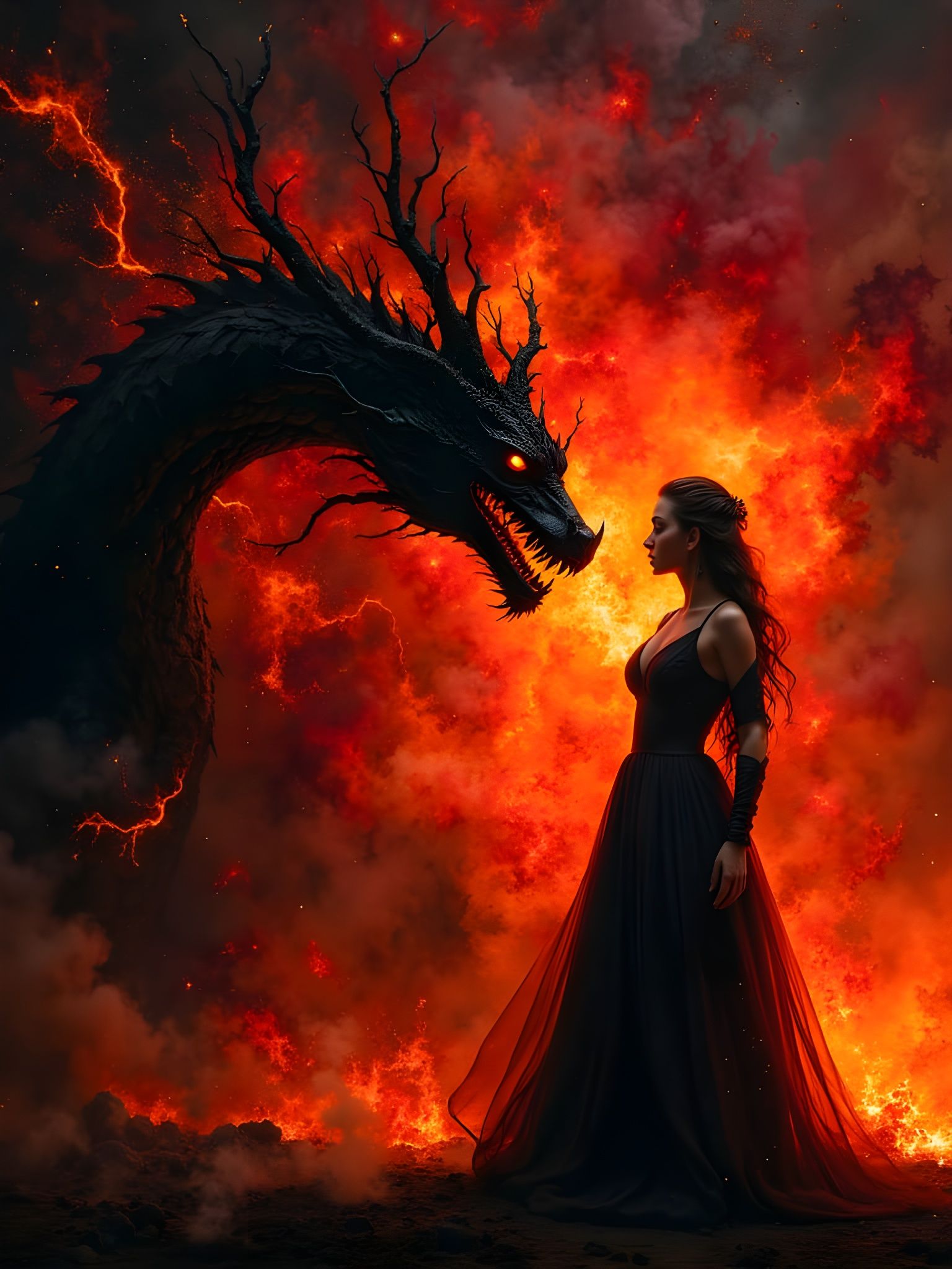 Epic Fire Dragon and Sorceress in a Minimalist Style