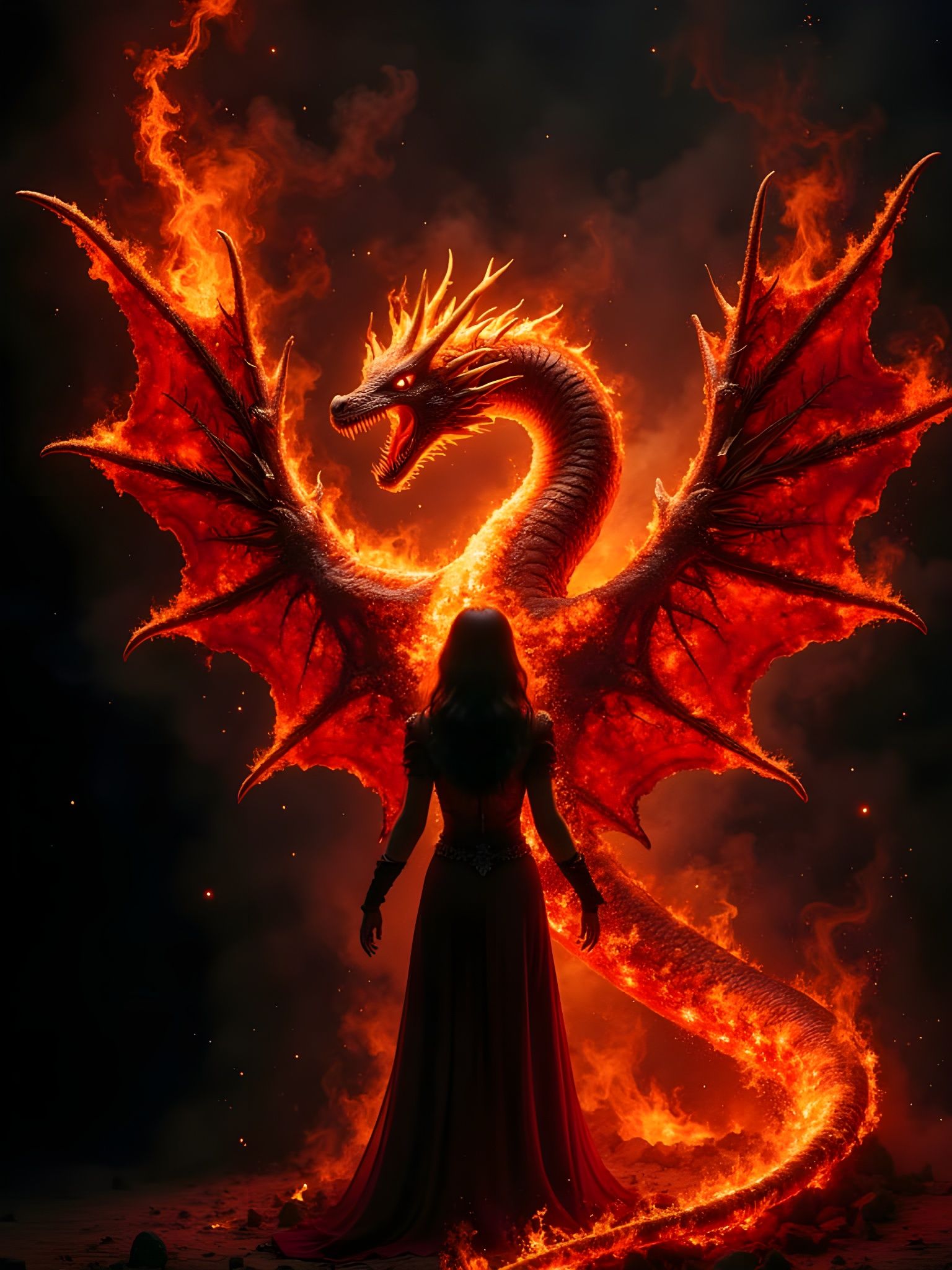 Epic Fire Dragon and Sorceress in Minimalist Style