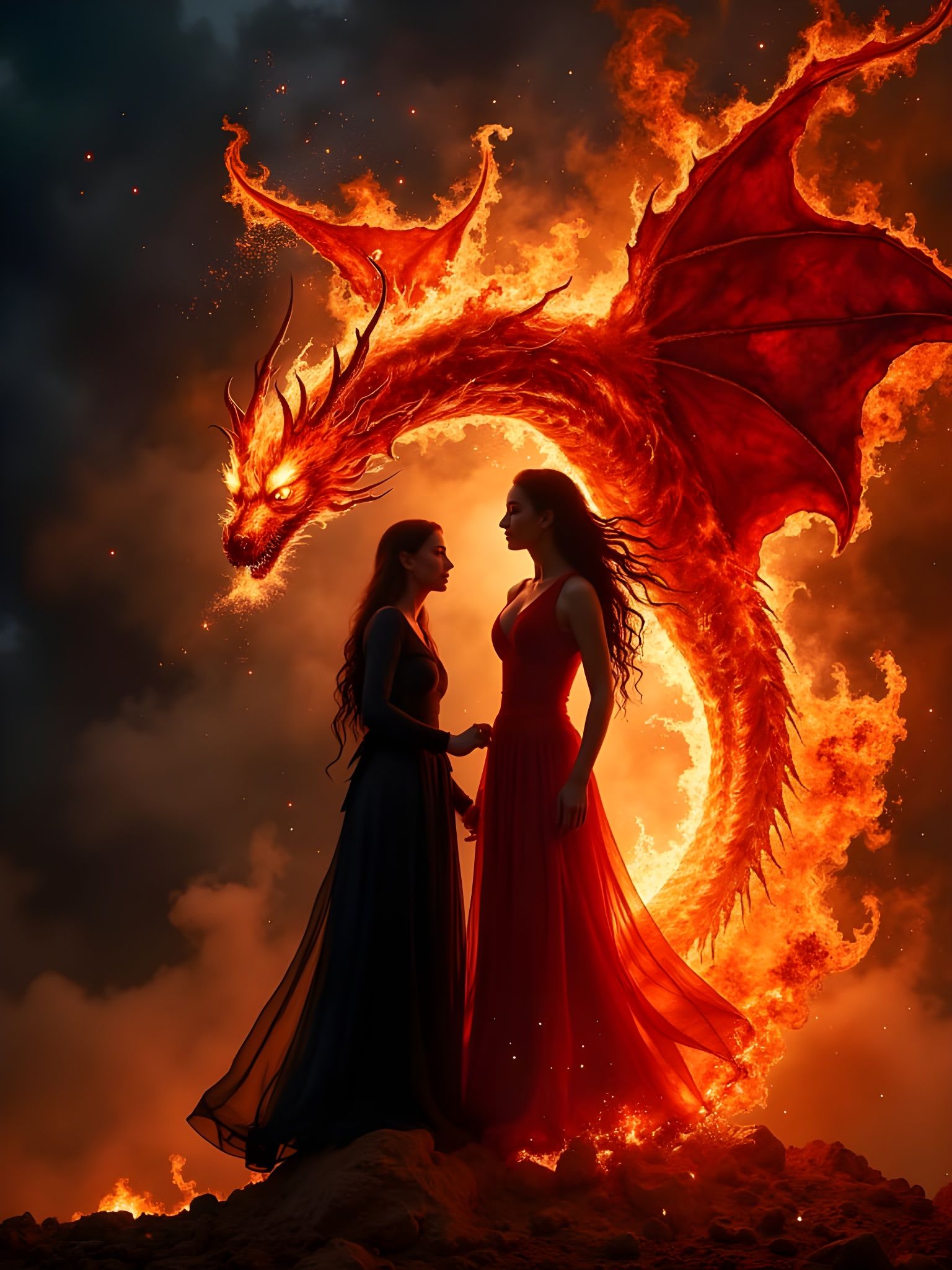 Epic Fire Dragon and Sorceress with Magical Ash